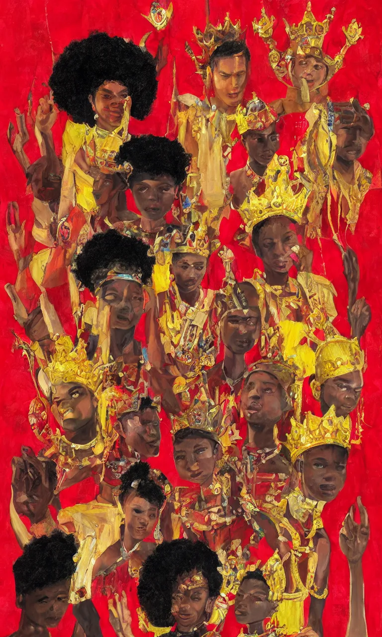 Prompt: black kids mixing with they ancestors that uses crowns, red abstract background with broken mirrors, a painting by Eden Seifu, trending on artstation
