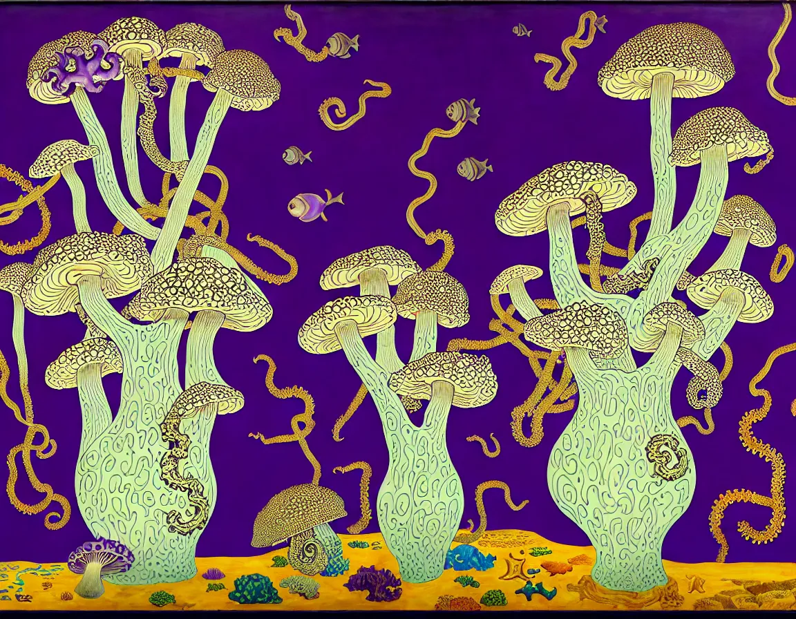 Prompt: vase of mushroom in the sky and under the sea decorated with a dense field of stylized scrolls that have opaque purple outlines, with octopuses, ambrosius benson, kerry james marshall, afrofuturism, oil on canvas, history painting, hyperrealism, light color, no hard shadow, around the edges there are no objects