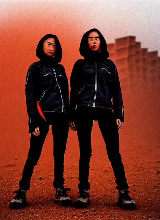 Image similar to cinestill 5 0 d photographic portrait of two loving clones, women wearing rugged black techwear on a desolate plain with a red sky, extreme closeup, diverse species, cyberpunk, in front of a brutalist dark metal facility, dust storm, 3 5 mm, 8 k, f / 3 2, high resolution, ultra realistic faces, beautiful faces