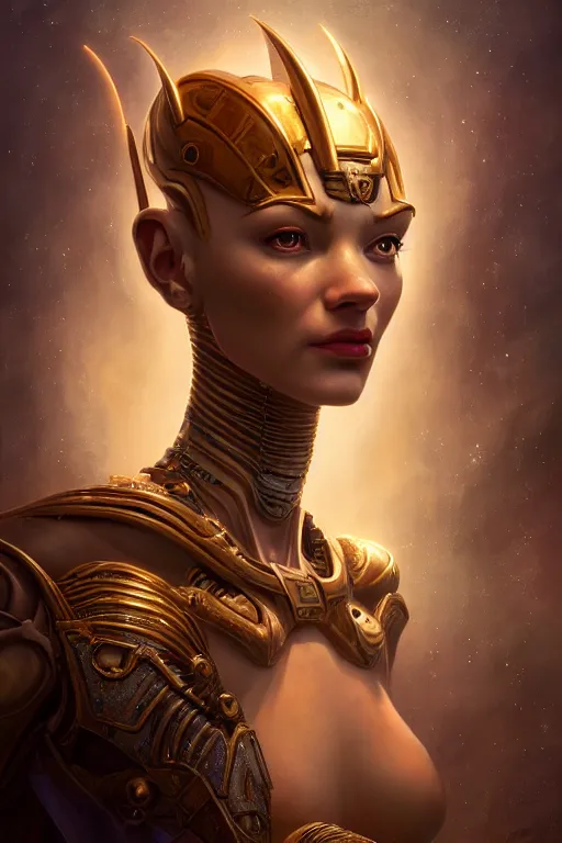 Image similar to portrait of a beautiful female hybrid cyborg atlantean anubis hada elsa jean alien warrior, regal, realistic, refined, detailed, digital art, jessica rossier, michael cheval, esao andrews, steampunk, walt disney ( 1 9 3 7 ), francois boucher, oil painting, highly detailed, cinematic lighting, unreal engine, 8 k, hd