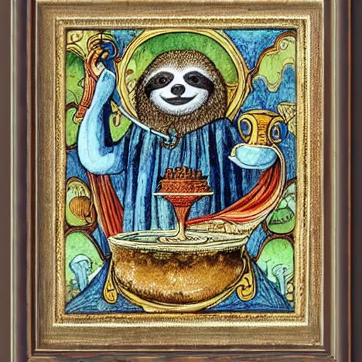Image similar to sloth as the king of cups, framed, intricate details, medieval art style