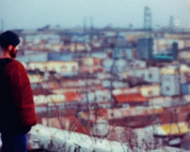 Prompt: lomo photo of man standing on the roof of soviet hrushevka in small town zelenograd, cinestill, bokeh, out of focus