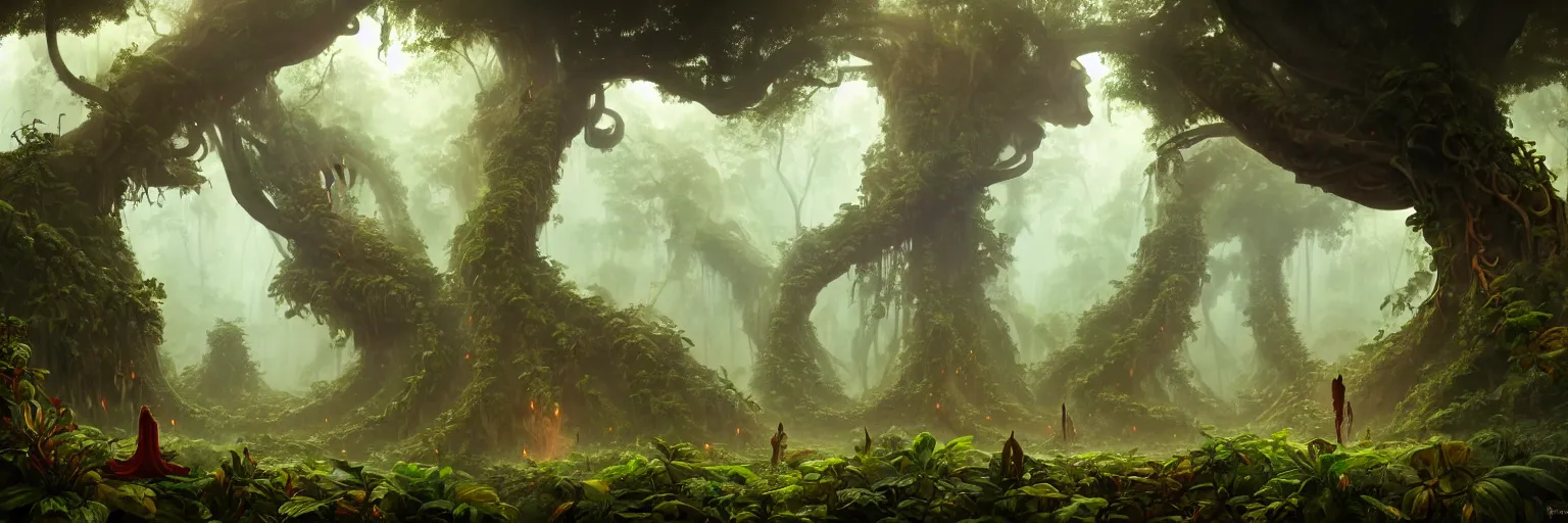 Prompt: Mysterious beautiful Buddhist forest, full of strange creatures and hidden buildings, forgotten ruined temples and ancient stone statues of forbidden sacred gods, jungle vines and fireflies, ayahuasca spirits drifting in the morning light, travellers beneath the giant trees, matte painting by Peter Mohrbacher, featured in artstation, octane render, cinematic, elegant, intricate, 8k