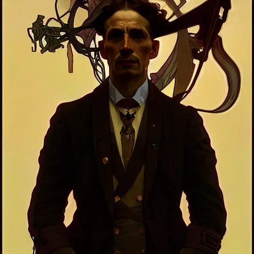 Image similar to portrait of a vicotrian man in suit by alphonse mucha, simon stalenhag and darek zabrocki, cinematic and atmospheric, concept art, artstation, trending on artstation