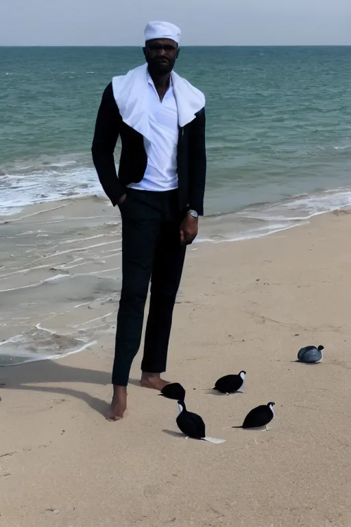 Prompt: a full - height photo of a black masculine man standing near an ocean, holding a white pigeon