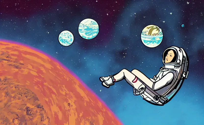 Image similar to a female astronaut floating in a scenic space environment in the style of yoko tsuno