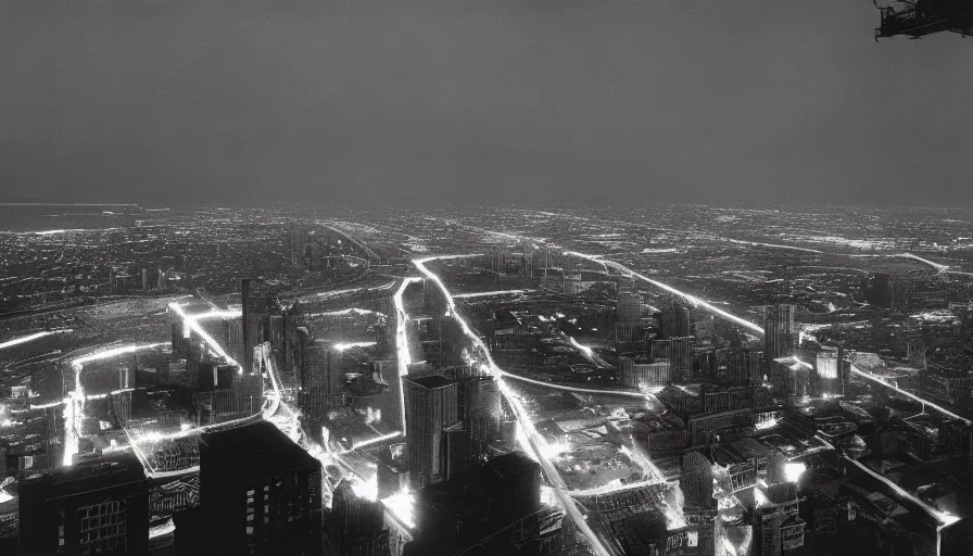 Prompt: art deco sports stadium on top of a skyscraper, Chicago, dark city, olympics event 1930's, moody lighting, cinematic, Road to Perdition stillframe, establishing shot