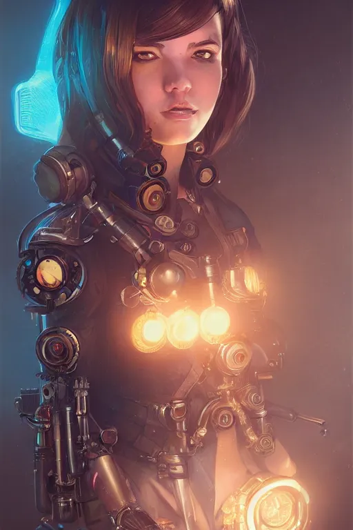 Image similar to portrait of a steampunk girl with mechanical parts and neon light by Artgerm and Greg Rutkowski , digital painting, highly detailed, trending on artstation