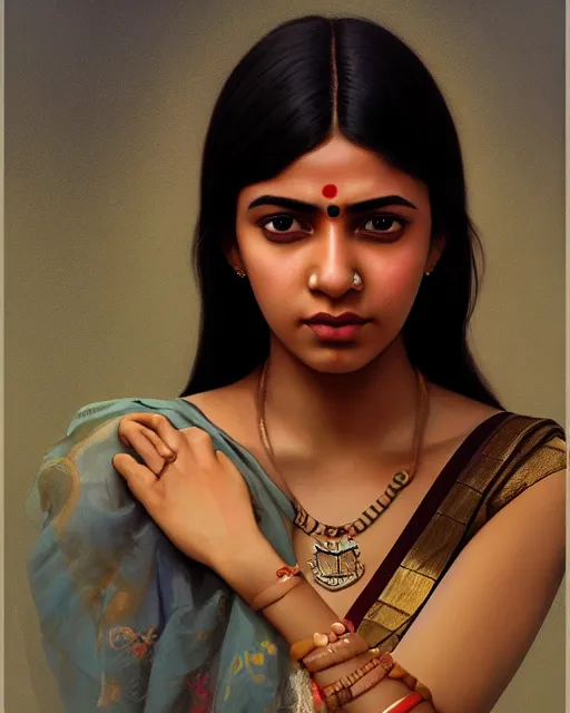 Image similar to highly realistic, beautiful digital art, true to life portrait of a young indian woman, sharp focus, by ilya kuvshinov, by wlop, by tom bagshaw, trending on artstation, cinematic lighting, hyper realism, octane render, 8 k, hyper detailed.