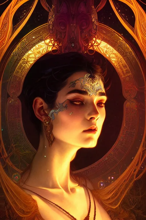 Image similar to dmt goddess closeup filled background around face, fantasy magic, undercut hairstyle, dark light night, intricate, elegant, sharp focus, illustration, highly detailed, digital painting, concept art, matte, art by wlop and artgerm and greg rutkowski and alphonse mucha, masterpiece