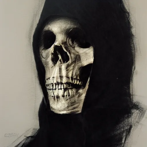 Image similar to a skeleton in black cloak by Guy Denning