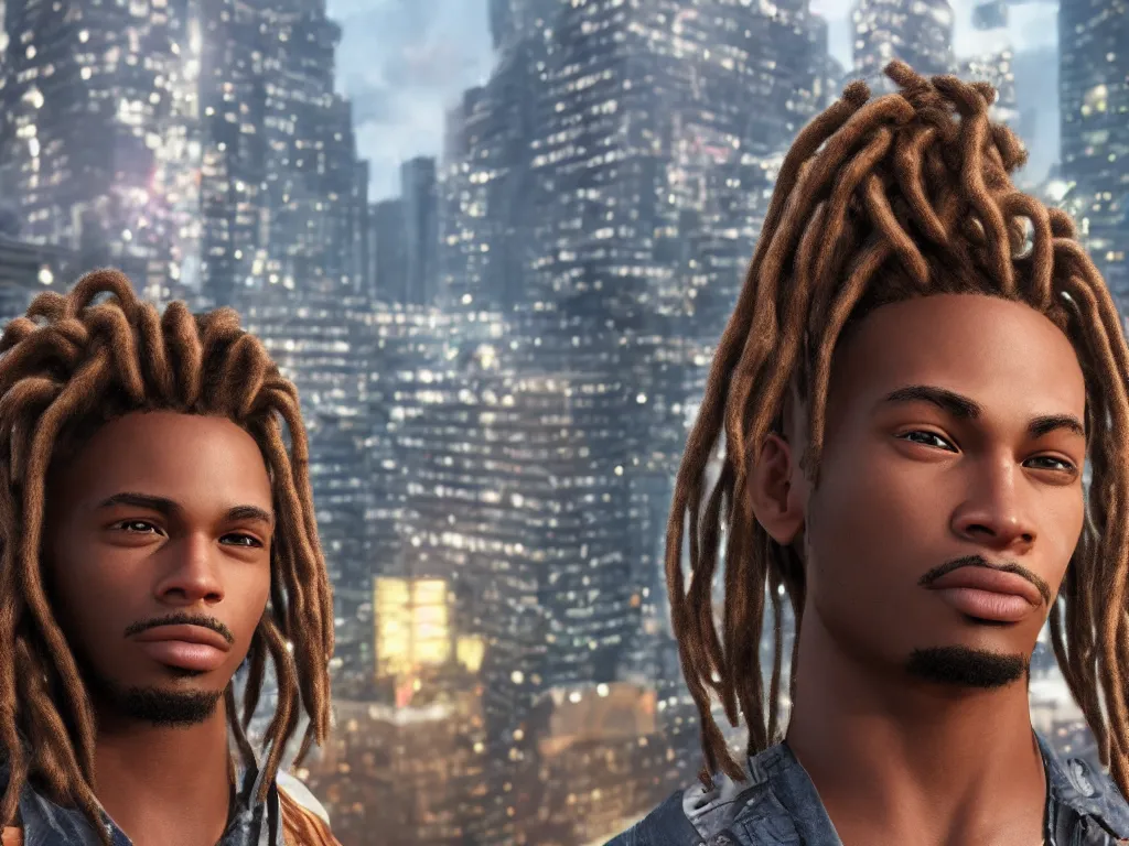 Image similar to portrait, a handsome african american johnny storm wearing brown dreadlocks hair, photorealistic, cinematic, high detail, dramatic lighting, unreal engine, city background, 8 k
