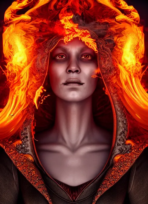 Prompt: hyperrealistic mixed media portrait of an evil female pyromancer, stunning 3d render inspired art by Lars Grant-West + perfect facial symmetry + dim volumetric lighting, ornate flowing robes, radiant fiery energy, swirling wispy smoke, 8k octane beautifully detailed render, post-processing, extremely hyperdetailed, intricate, epic composition, grim yet sparkling atmosphere, cinematic lighting + masterpiece, trending on artstation, Art Nouveau