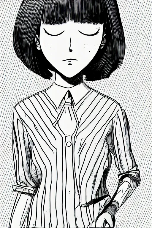 Image similar to portrait of a girl in long pants and a top, hands in pockets, eyes closed, bob haircut, digital art, black and white, lineart by junji ito and kaoru mori