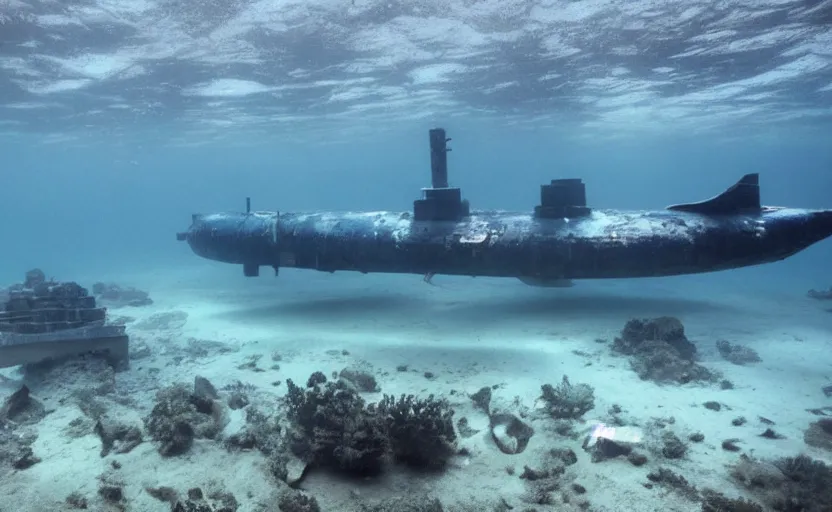 Image similar to an abandoned city underwater next to a luxurious submarine