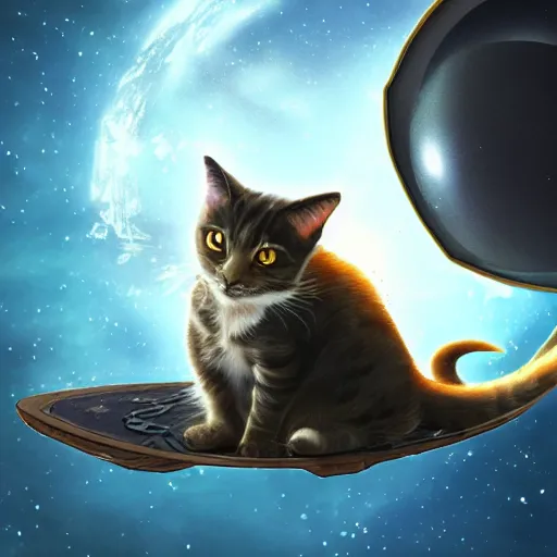 Prompt: fantasy cat with a helmet floating in space, high detail, fantasy art, concept art, 4 k, ultra detail, computer art