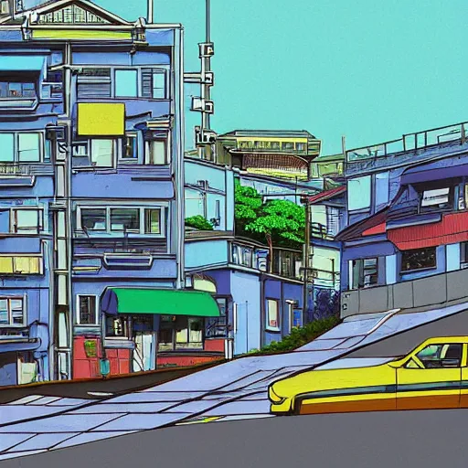 Image similar to city street, sloped street, city on tall hillside, street scene, aquamarine shading panels above street, cel - shading, 2 0 0 1 anime, flcl, jet set radio future, golden hour, japanese town, concentrated buildings, japanese neighborhood, electrical wires, cel - shaded, strong shadows, vivid hues, y 2 k aesthetic