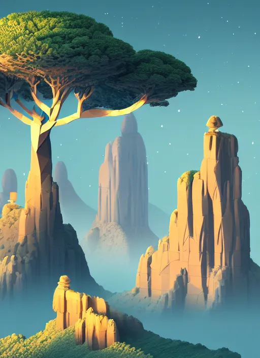 Prompt: a low poly isometric render of moonlit socotra island with dragon trees in the style of monument valley, intricate, elegant, smooth shading, soft lighting, illustration, simple, solid shapes, by magali villeneuve, jeremy lipkin and michael garmash, rob rey and kentaro miura style, octane render