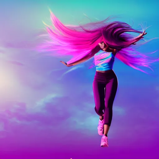 Image similar to a award winning full body shot of a beautiful woman in a croptop and leggings with a ombre purple pink teal hairstyle with head in motion and hair flying, outrun, vaporware, highly detailed, fine detail, intricate