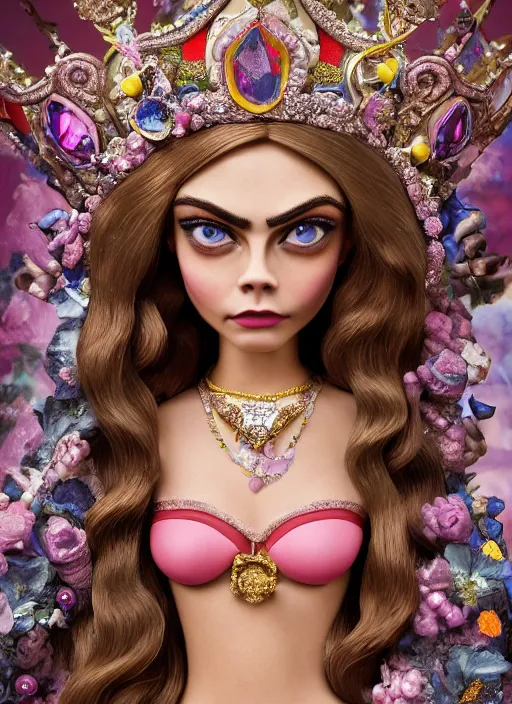 Prompt: closeup face profile portrait of tin toy cara delevingne as a fairytale princess wearing a crown eating cakes, bikini, depth of field, zeiss lens, detailed, symmetrical, centered, fashion photoshoot, by nicoletta ceccoli, mark ryden, lostfish, breathtaking, 8 k resolution, extremely detailed, beautiful, establishing shot, artistic, hyperrealistic, octane render