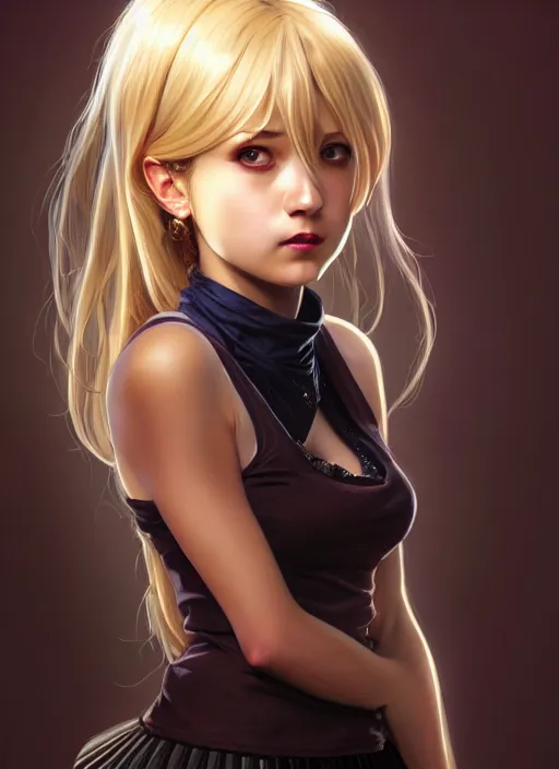 Image similar to portrait of a full body of beautiful young female detective, d & d, sleeveless turtleneck, pleated skirt, fantasy, flat lighting, intricate, highly detailed, digital painting, artstation, concept art, smooth, sharp focus, illustration, misa amane, art by simon bisley and greg rutkowski and alphonse mucha, natural tpose