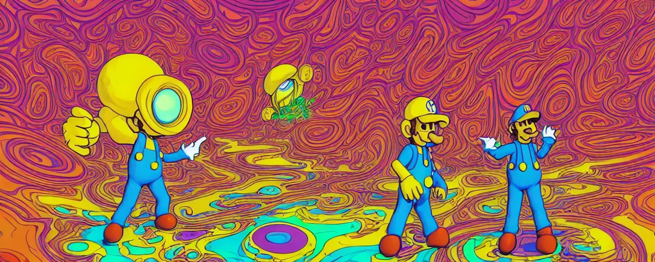 Image similar to ultra detailed surreal moebius illustration of super mario having psychedelic acid trip on lsd glichy hypnotic fractals spirals with molecule structures fluid flowing shapes by sachin teng and sergey kolesov and ruan jia and heng z. graffiti art, scifi, fantasy, hyper detailed. octane render. concept art. trending on artstation