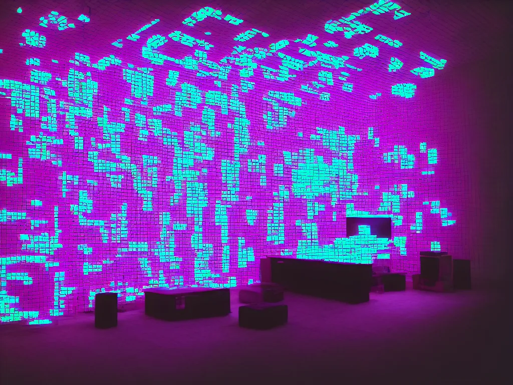 Image similar to room with overlaping screens projecting art, pixel perfect image, high contrast, volumetric lighting, tiny neon light, chair, user, pair of keys