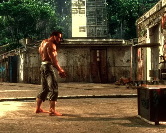 Prompt: a still of irl empty Ken's stage from Street Fighter 2 in the movie Hard Target (1993), HDR, high quality, 8k, highly detailed and intricate,