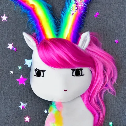 Prompt: baby unicorn with sparkly hair and rainbow horn