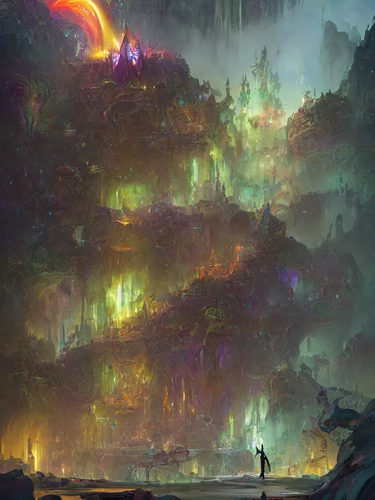 Image similar to epic fantasy painting of a sorcerer banishing the darkness and its evil servants with a rainbow spell in a grand hall, grimy, gritty, dieselpunk trending on artstation, award winning painting, cgi, art by john berkey and anton fadeev and john howe and simon stalenhag