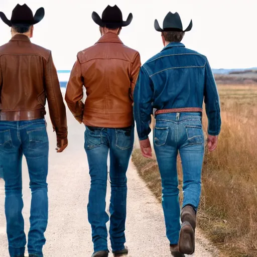 Image similar to Two men with brown leather jackets, blue jeans, and cowboy boots walking behind each other