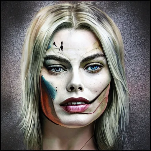 Image similar to face morph tattoo design sketch of margot robbie blended in beautiful mountain scenery, in the style of matteo pasqualin, amazing detail