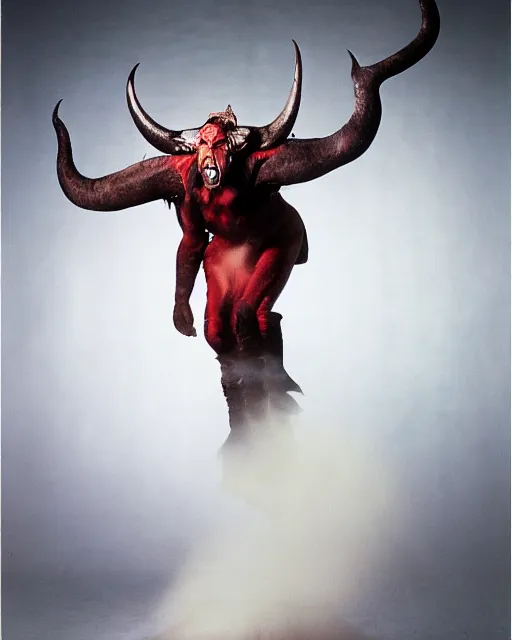 Prompt: tim curry in full makeup as darkness, the goat legged water buffalo horned red devil in ridley scott's movie legend. studio lighting, photoshoot in the style of annie leibovitz, atmospheric smoke