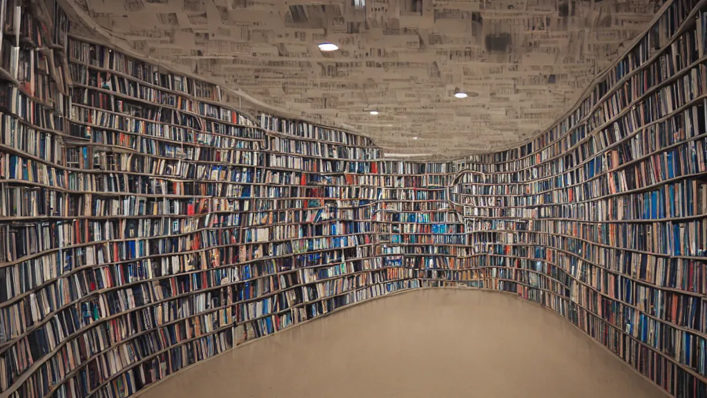 Prompt: infinite tunnel made of curved bookshelfs, leica summilux 3 5 mm f / 1. 4,