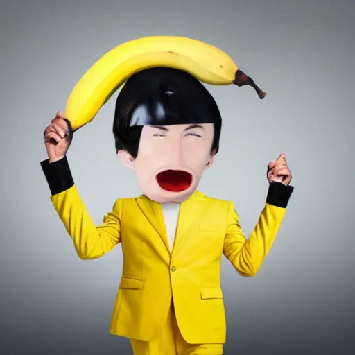 Image similar to a person with a banana head wearing a business suit