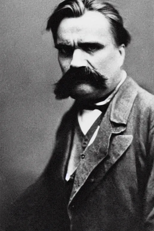 Prompt: a portrait of a Friedrich Nietzsche, subdued, somber, dismal