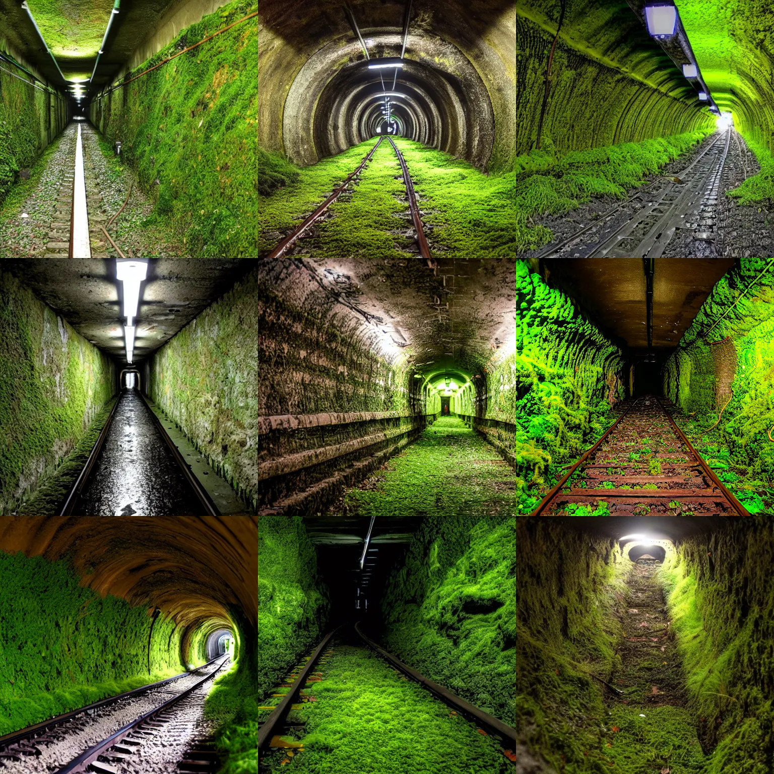 Prompt: old subway tunnel covered in moss and wetness