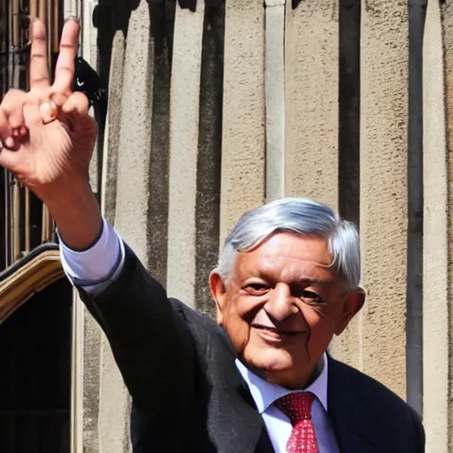 Image similar to amlo pointing the gun at his head, being in windsor castle.