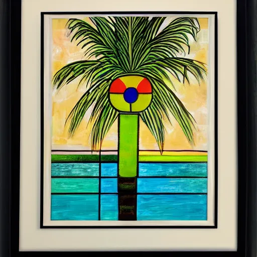 Image similar to a framed painting of a beautiful piet mondrian tropical landscape