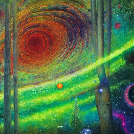 Image similar to psychedelic lush pine forest, outer space, milky way, amber eyes cat eyes designed by arnold bocklin, jules bastien - lepage, tarsila do amaral, wayne barlowe and gustave baumann, cheval michael, trending on artstation, star, sharp focus, colorful refracted sparkles and lines, soft light, 8 k 4 k