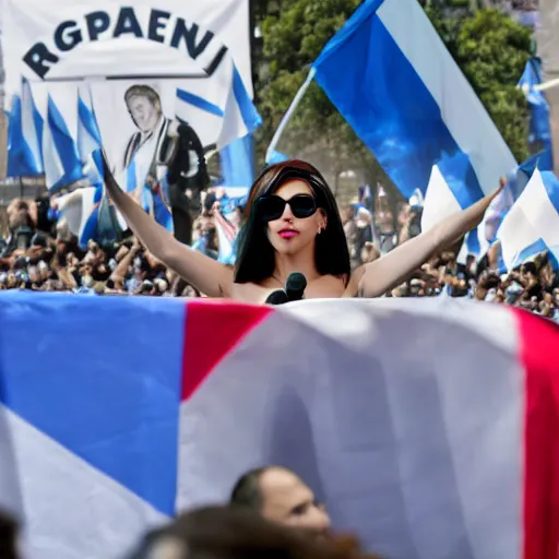 Image similar to Lady Gaga as president, Argentina presidential rally, Argentine flags behind, bokeh, giving a speech, detailed face, Argentina