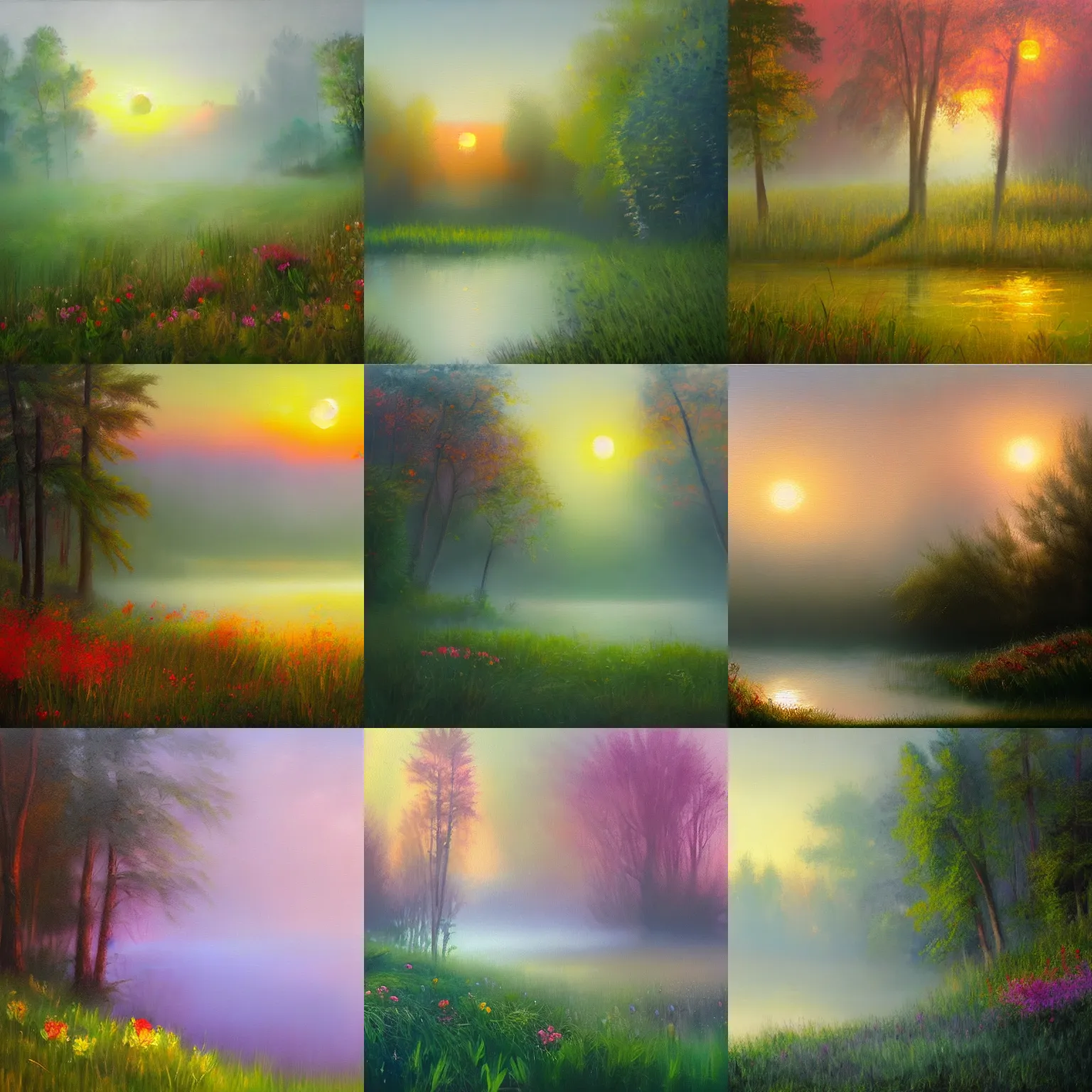 Prompt: Lake, forest, grass, fog, sunrise, flowers, volumetric light, expressive oil painting