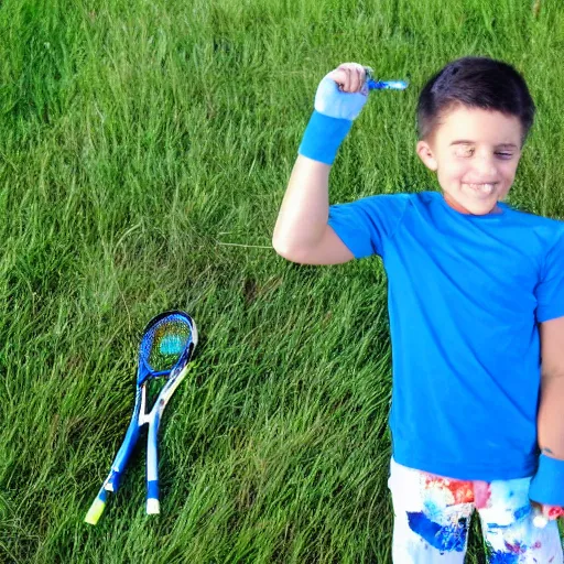 Prompt: a muscular kid wearing a blue shirt with tennis shoes, painting, in a field on fire