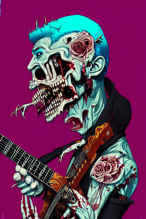 Prompt: zombie punk rocker playing guitar, tristan eaton, victo ngai, artgerm, rhads, ross draws, intricated details, 3 / 4 view, full body portrait