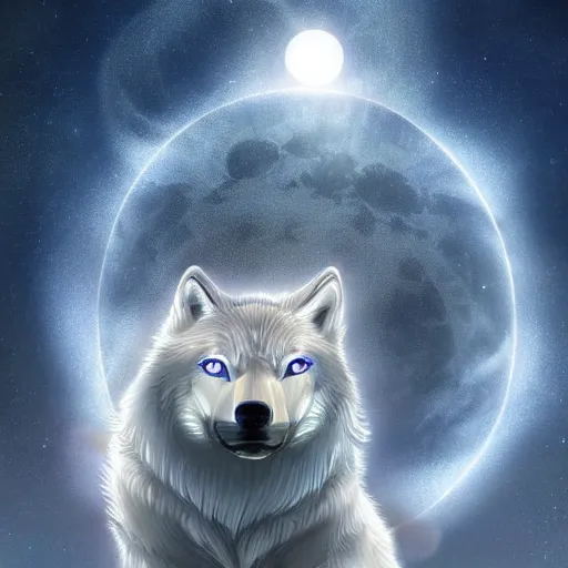 Prompt: a clear, sparkling diamond wolf in front of a full moon, fantasy art, lens flares, high definition