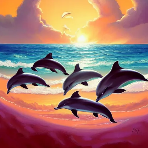 Prompt: a painting of a group of dolphins swimming in the ocean by rhads, deviantart contest winner, fantasy art, lovecraftian, 2 d game art, artstation hq.