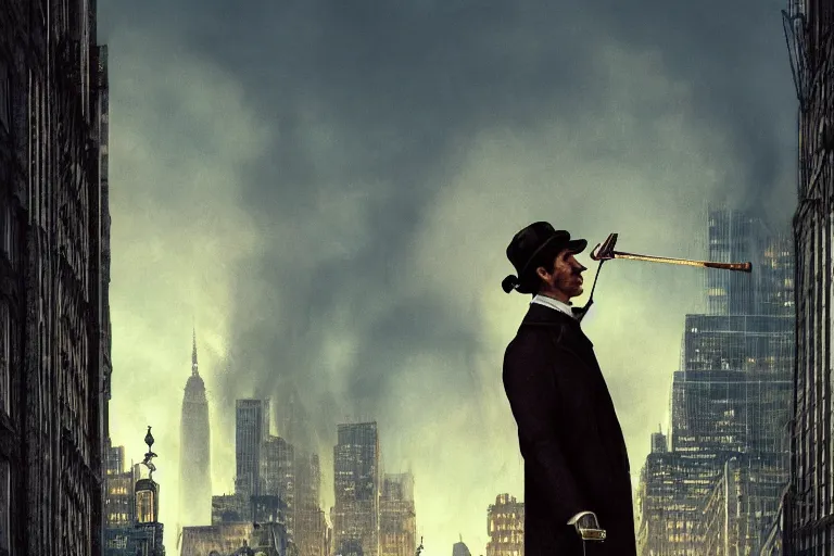 Image similar to portrait profile sherlock holmes smoking pipe on a perch facing the city at night, smoke rising, smooth, focus, highly detailed, hyper realistic, dramatic lighting, intricate, concept art, new york skyline, looking down, movie still, art by wlop, greg rutowski, artstation
