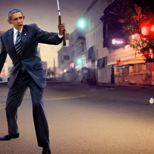 Image similar to angry barack obama shooting and terrorizing people in the hood, 8k resolution, full HD, cinematic lighting, award winning, anatomically correct