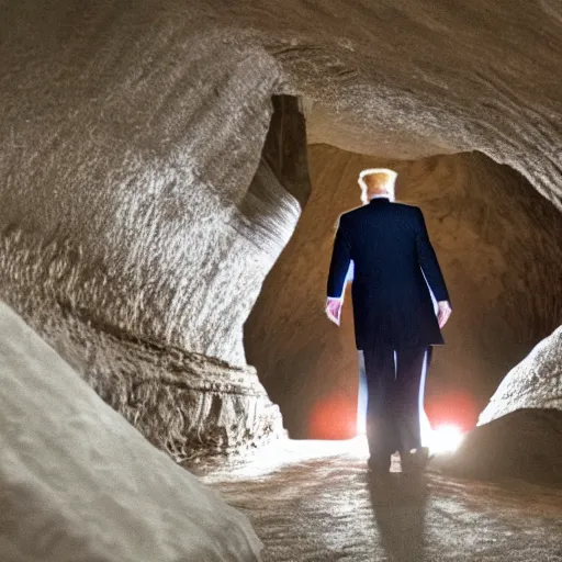 Image similar to blurry cell phone footage of donald trump in a narrow deep cave