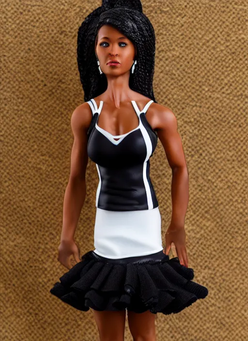 Image similar to Product Introduction Photos, 4K, Long view, Full body, 80mm resin detailed miniature of a Muscular Black Woman in white and ruffled miniskirt